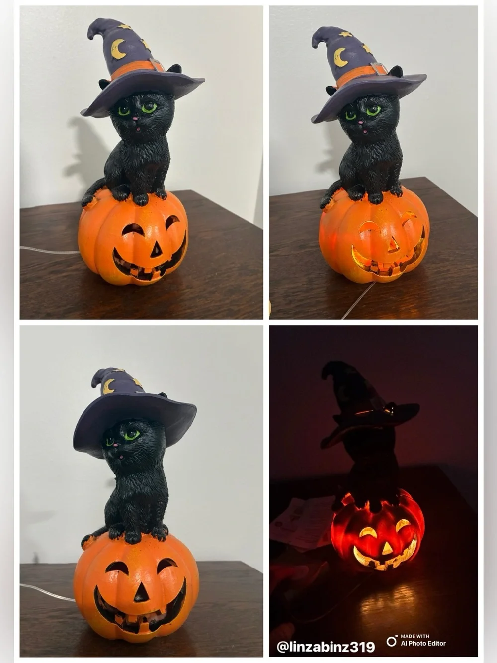 NWT- Black Cat w/ Purple Witch Hat on an LED Light Up Jack-o-lantern Pumpkin